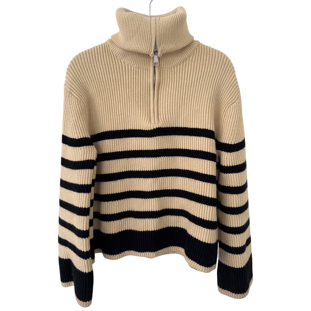 Blank NYC Small Chunky Quarter Zip Turtle Neck, Black and Cream Striped Sweater